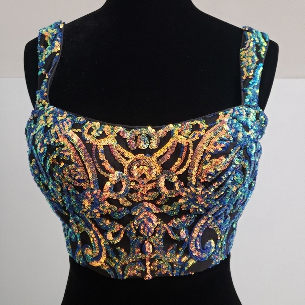 Alisha Hill Iridescent Sequin 2 Piece Prom Dress Mermaid Skirt Crop Top Size 10 - Picture 3 of 12